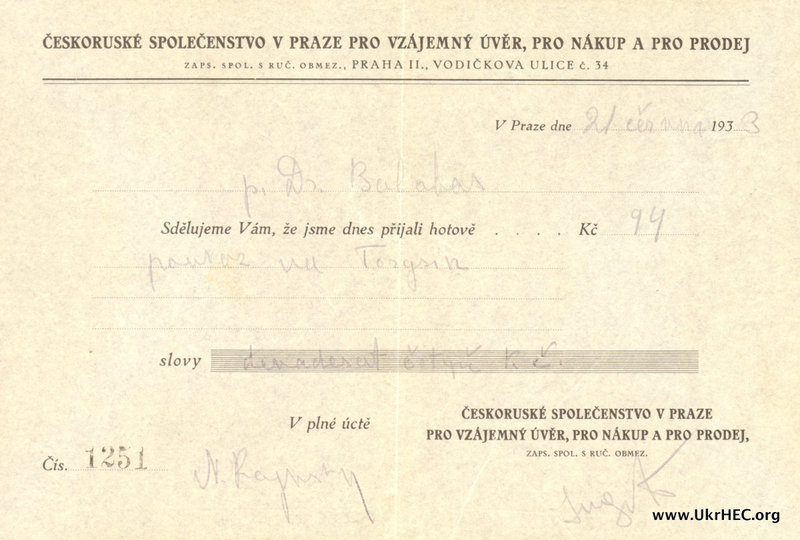 Receipt for remittance of money by Oleksii Balabas from Prague to Krasnodar