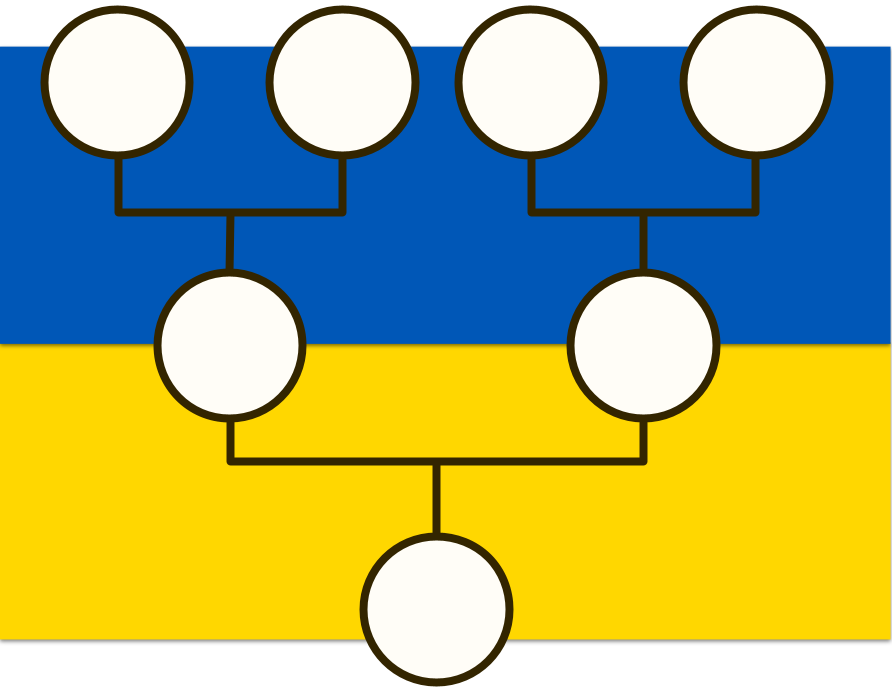Schematic pedigree chart superimposed on a Ukrainian flag