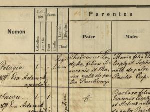 Close up of a Greek Catholic baptism record written in Latin