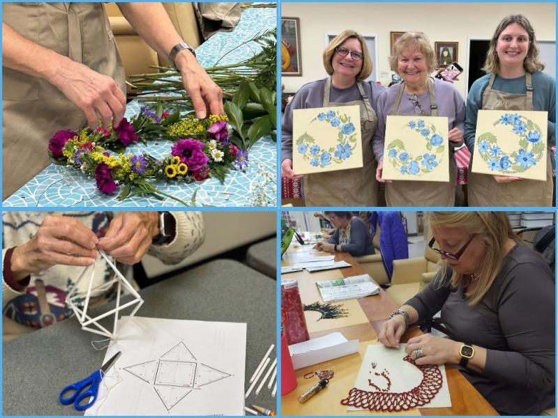 Sampling of workshop activities, including wreath making, Petrykivka painting, beading, and straw pavuk mobile.