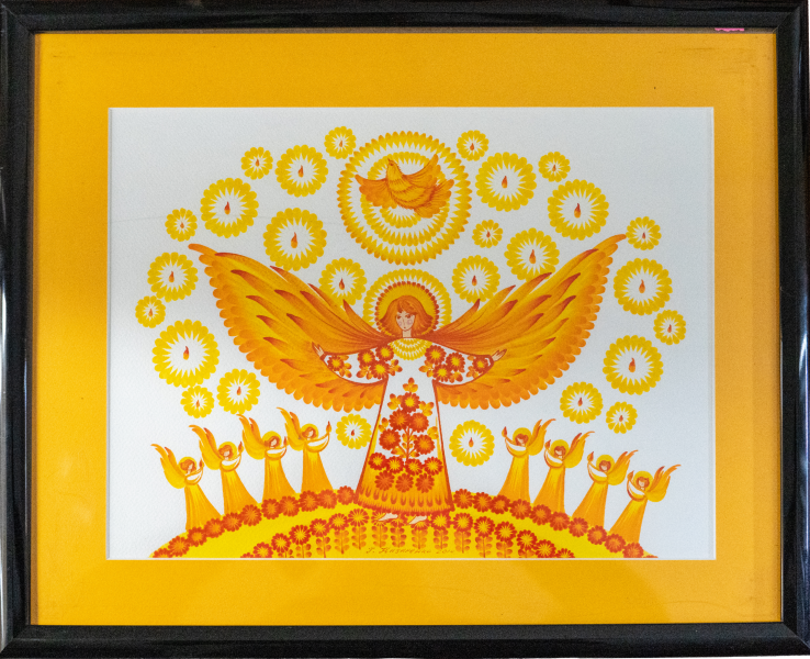Angel picture in orange and yellow in Petrykivka Style