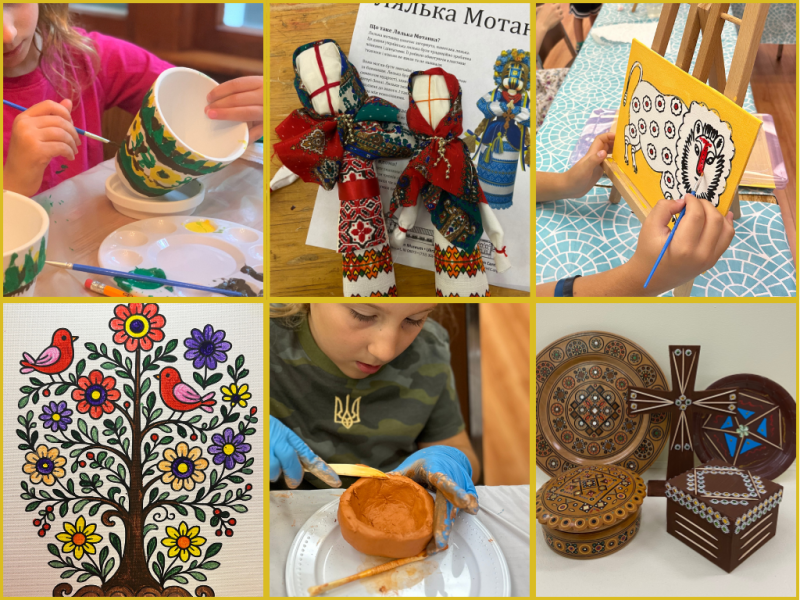 A sampling of childrens crafts,  including painting, a wrapped doll, faux wood inlay crafts, pottery, and a Tree of Life with birds.