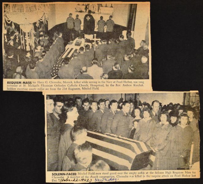 Newspaper clipping with photographs of a funeral service