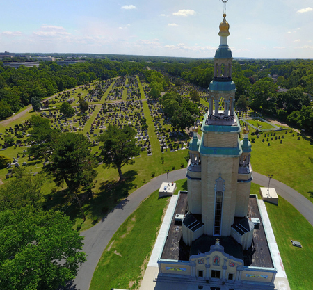 Aerial view of St. Andrew Memorial Church and St. Andrew Cemetery