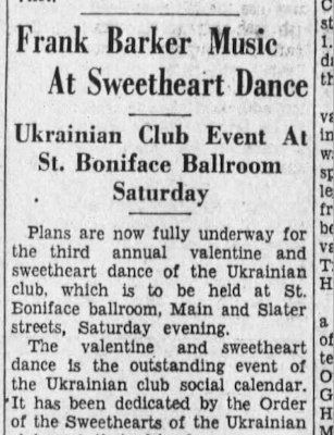Frank Barker Music at Sweetheart Dance — Ukrainian Club Event at St. Boniface Ballroom Saturday Frank Barker Music at Sweetheart Dance — Ukrainian Club Event at St. Boniface Ballroom Saturday