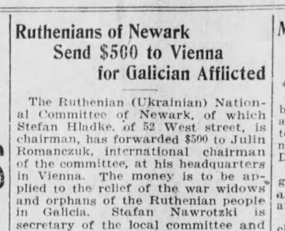 Ruthenians of Newark Send $500 to Vienna for Galician Afflicted Ruthenians of Newark Send $500 to Vienna for Galician Afflicted